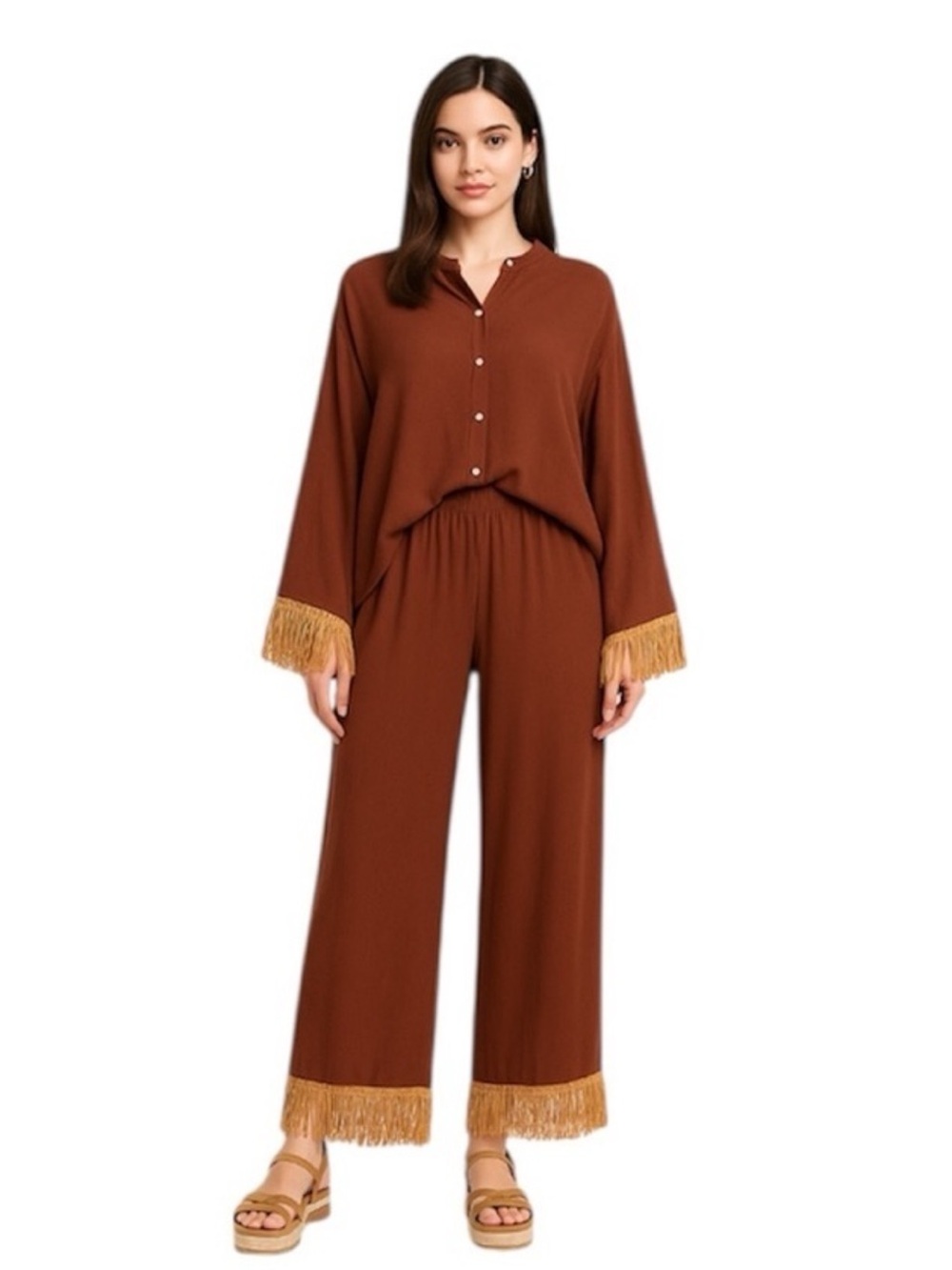SET- WeWoreWhat Fringe Brown Smocked Pants and Button Up Size Small